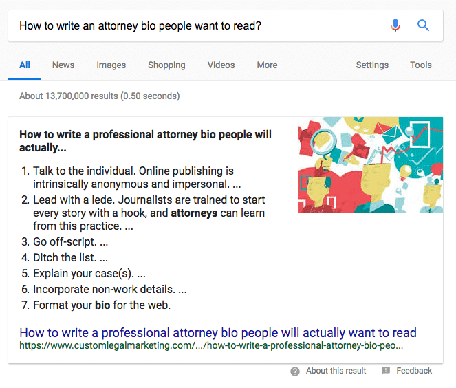 Google Featured Snippet about Attorney Bios