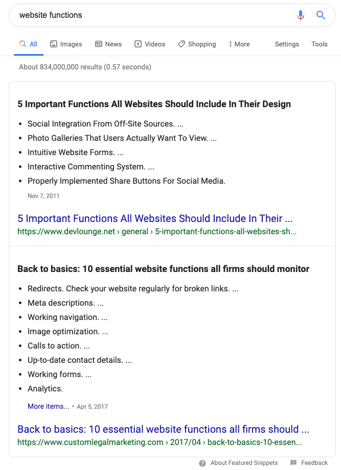 Example of two featured snippets on search results page