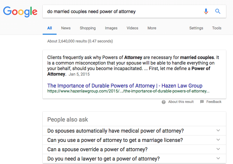 Google Card answering a question about Power of Attorney for married couples